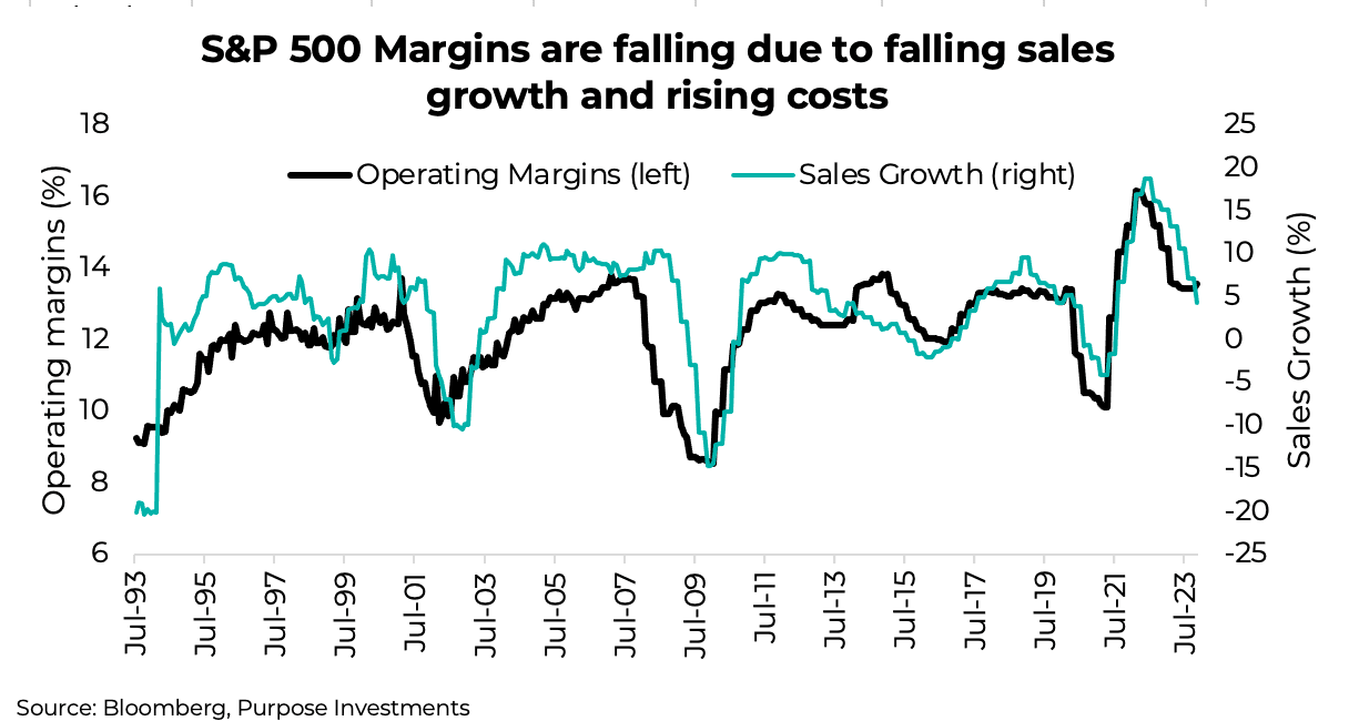 S&P 500 Margins are falling due to falling sales growth and rising costs